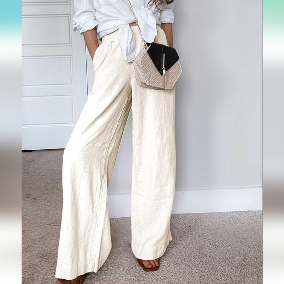NWT Linen Blend Lantern Palazzo Pants Drawstring Waist Wide Leg Trousers - Picture 1 of 5